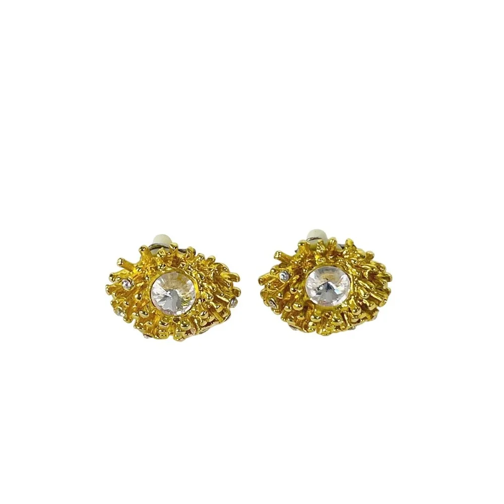Vintage Brutalist Sunburst Clip On Earrings Sea Urchin Gold‎ Tone Rhinestone